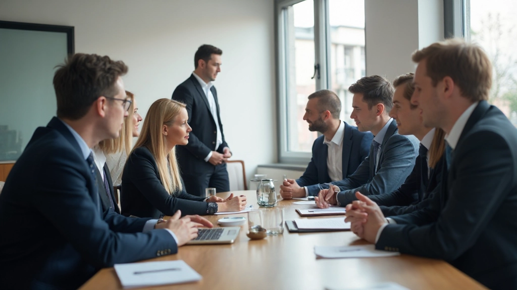 Professional business meeting with multilingual participants discussing strategy