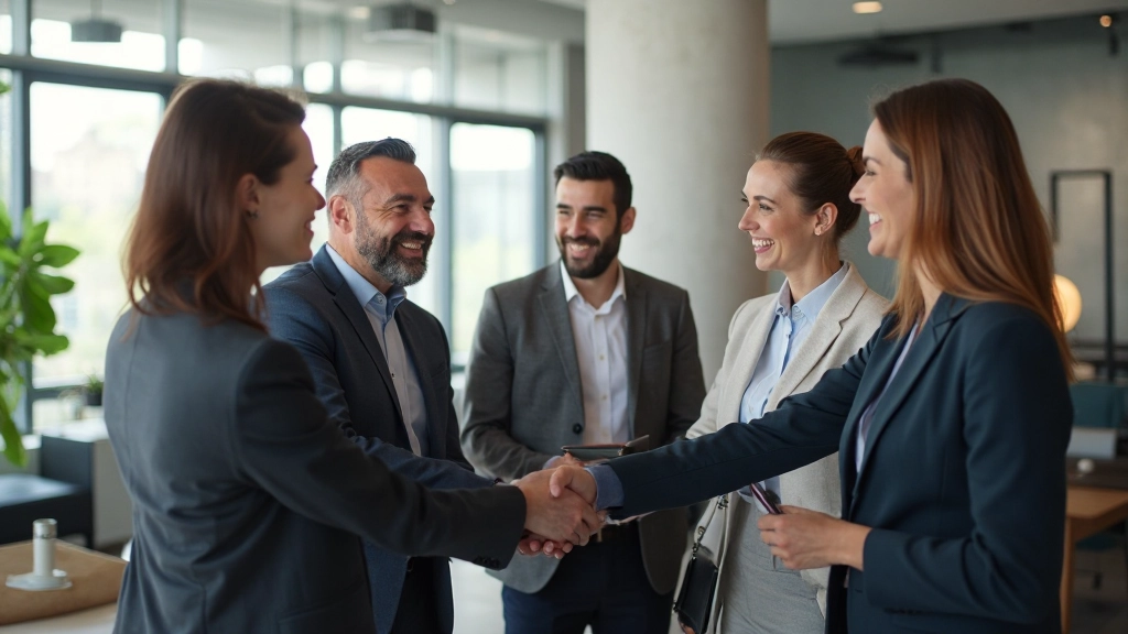 Medzinárodný tím pracovníkov slávi úspešnú dohodu v modernej kancelárskej budove
