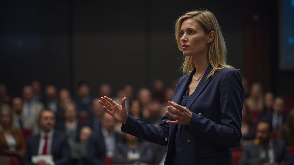 Sebavedomá žena prezentuje svoje myšlienky pred publikom