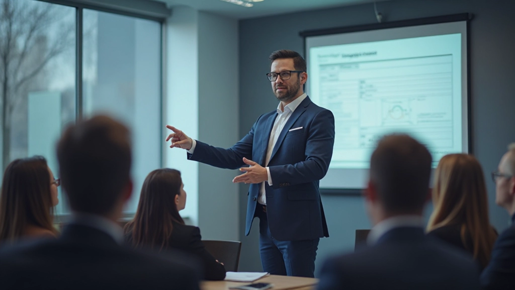 Profesionálny prezentér hovorí pred publikom v konferenčnej sále s projekčným plátnom