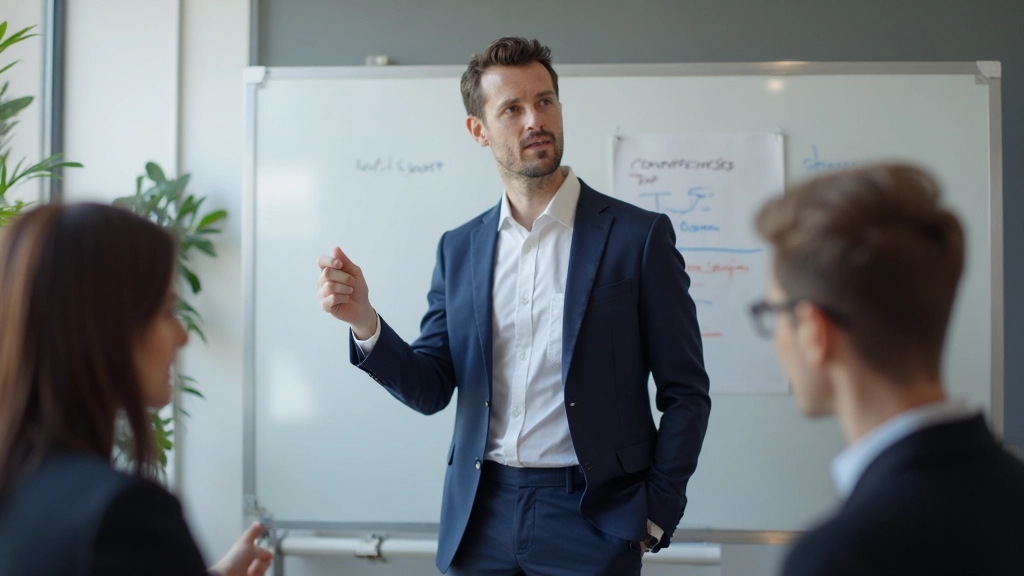 Business professional presenting to international colleagues in modern meeting room