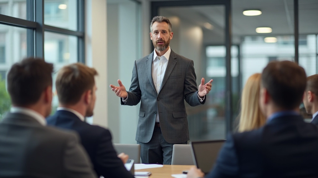 Muž vedúci profesionálnu korporátnu prezentáciu pred tímom